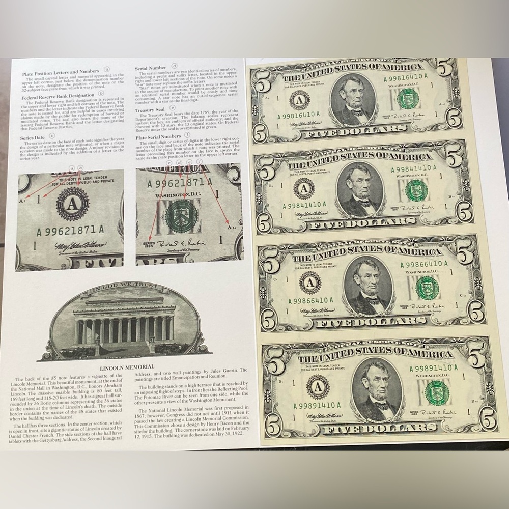 US MINT 1995 UNCUT 5$ BILLS - Picture 9 of 10